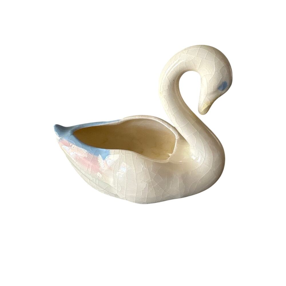 Vintage Swan Planter Pottery Cachepot Cream Crackle Glaze Blue Pink Accents 4”